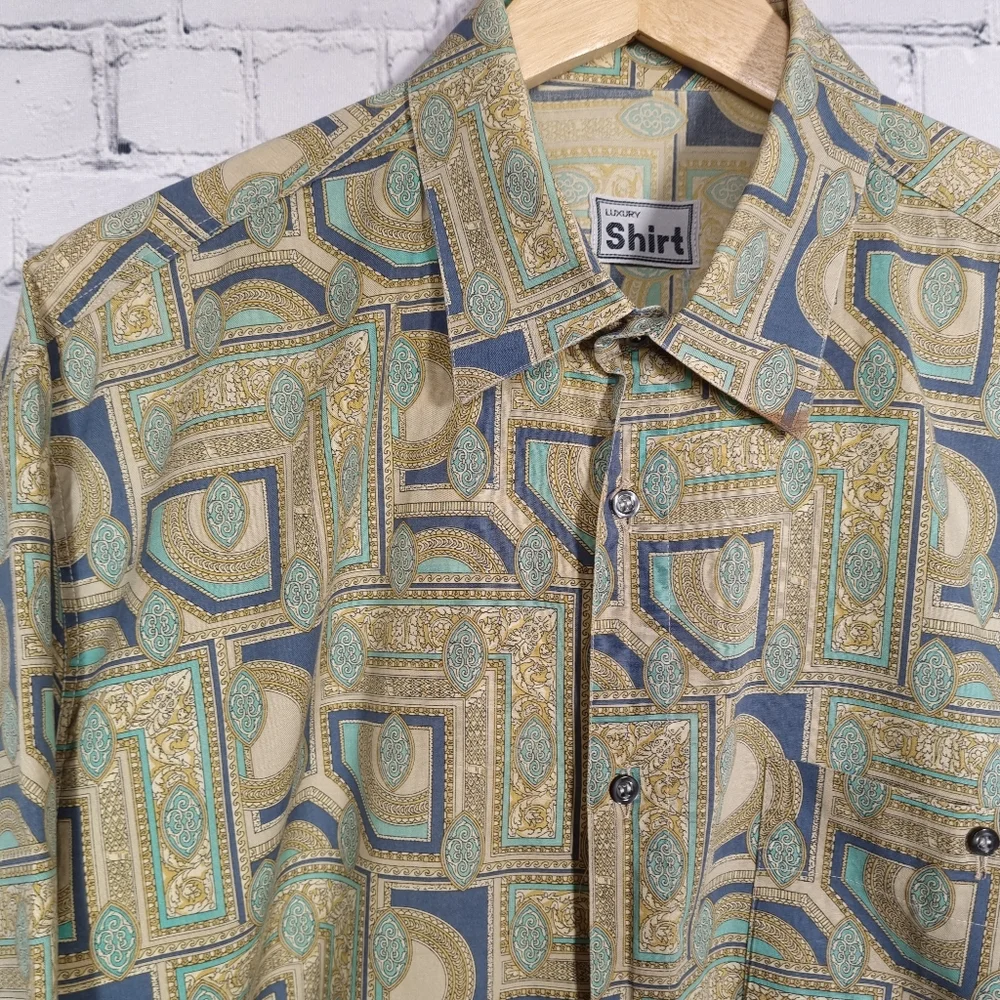 Vintage Renaissance Style Patterned Blue/Green XL Mens Short-sleeved Shirt - Picture 1 of 6